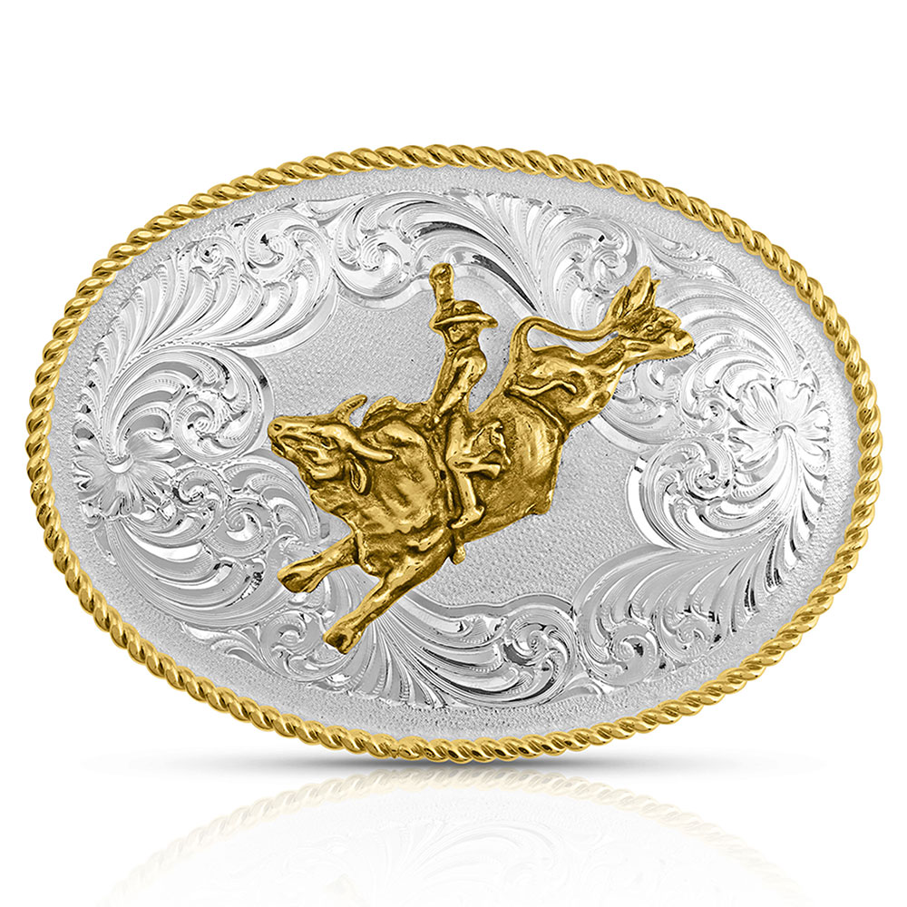 Gold Rope Trimmed Engraved Buckle with Bull Rider