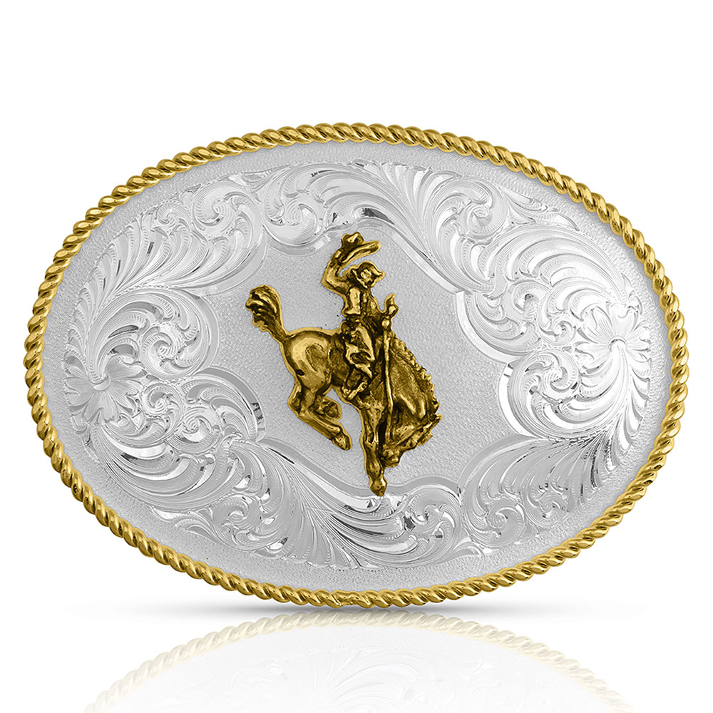 Gold Rope Trimmed Engraved Buckle with Saddle Bronc Rider