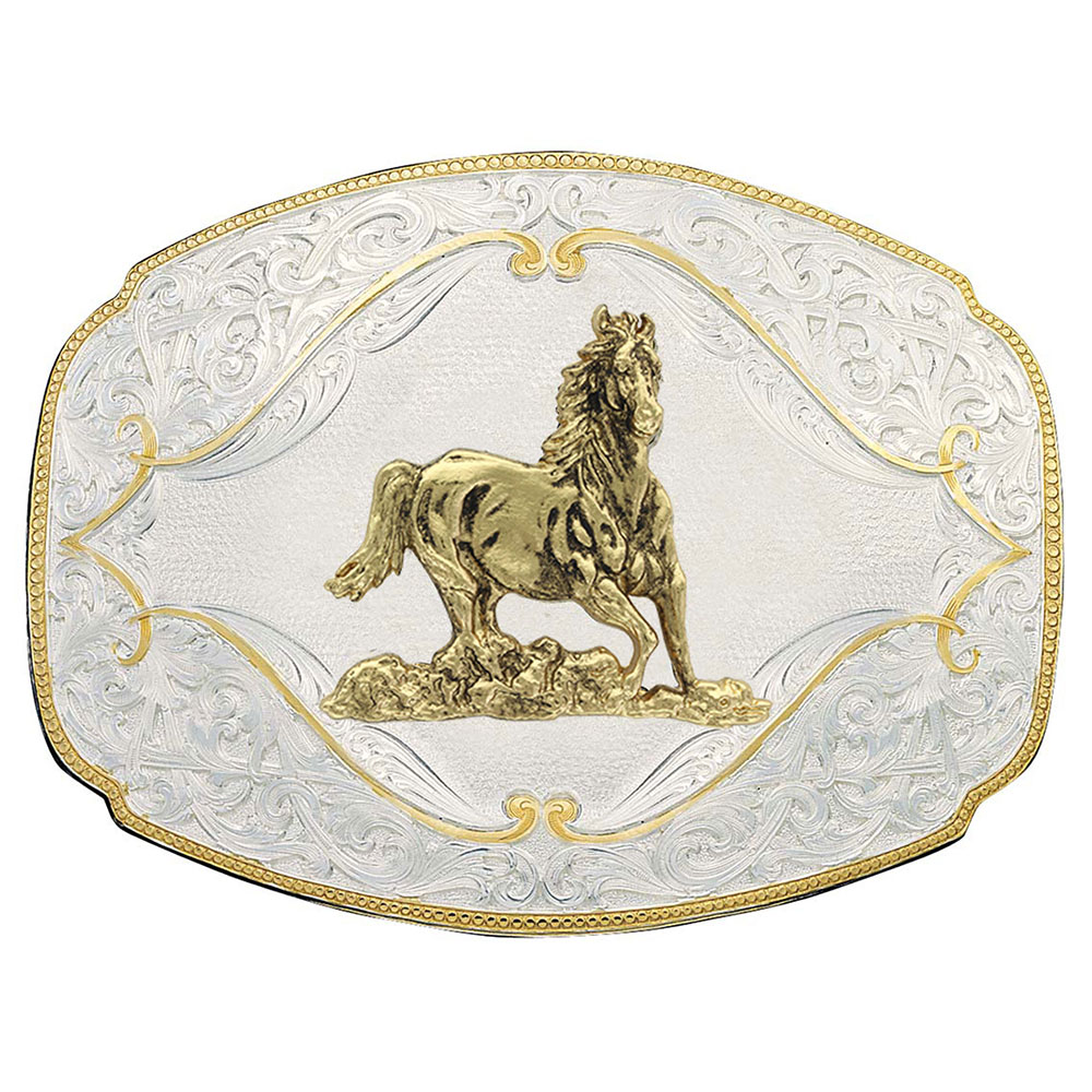 Gold Flourish Western Belt Buckle with Galloping Horse Montana