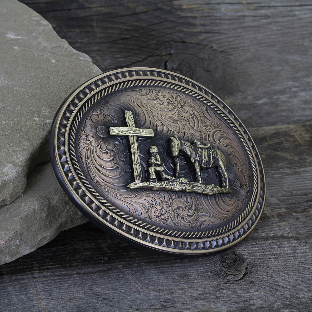 Miner's Classic Oval Buckle with Christian Cowboy Figure