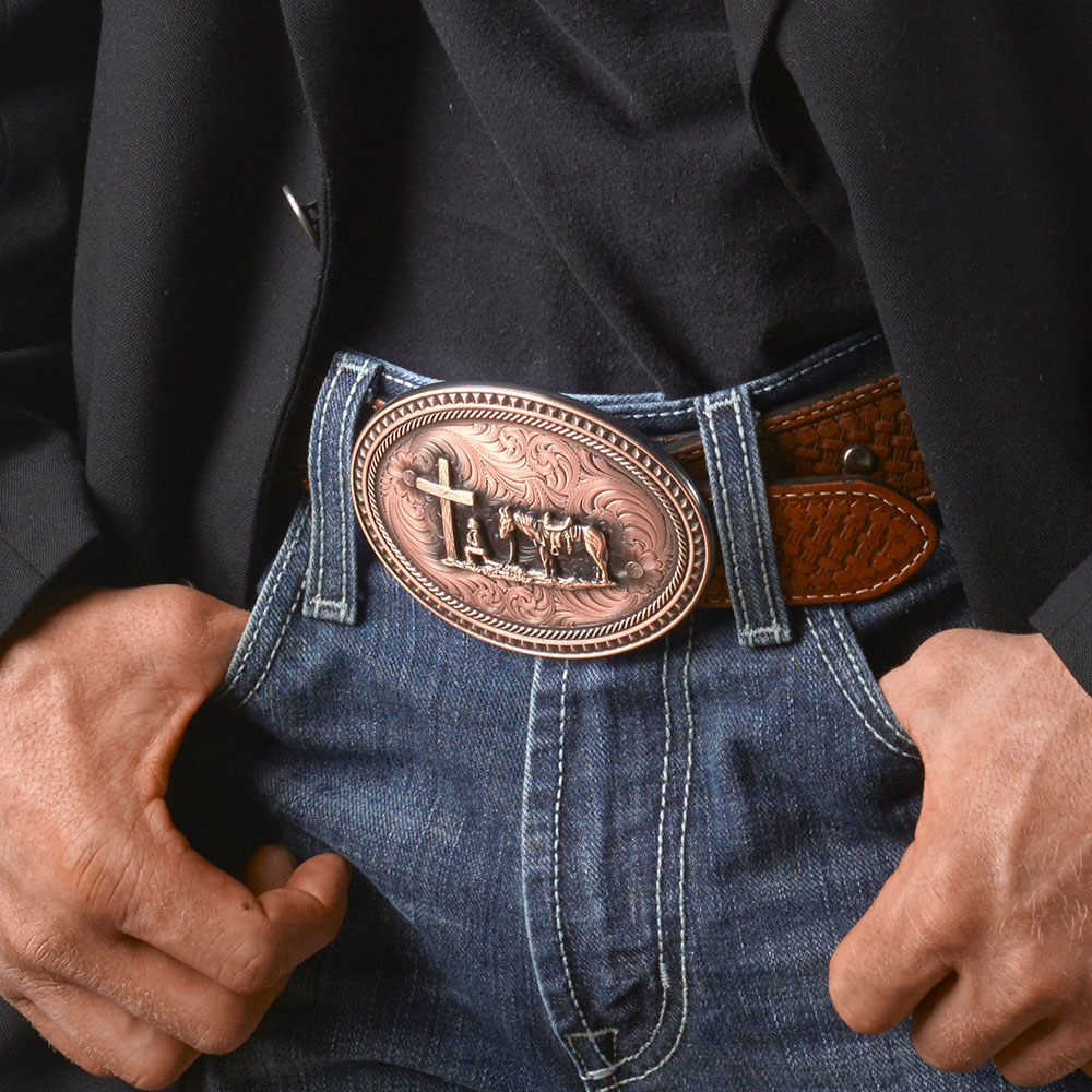 Miner's Classic Oval Buckle with Christian Cowboy Figure