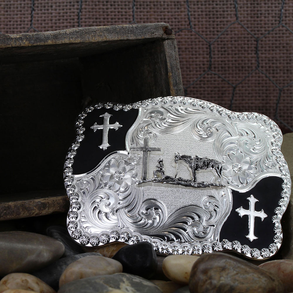 Christian Flourish Scallop Shape Belt Buckle with Christian Cowboy
