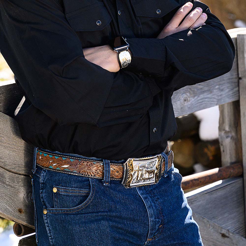 Two Tone Deep Roots Filigree Buckle with Christian Cowboy