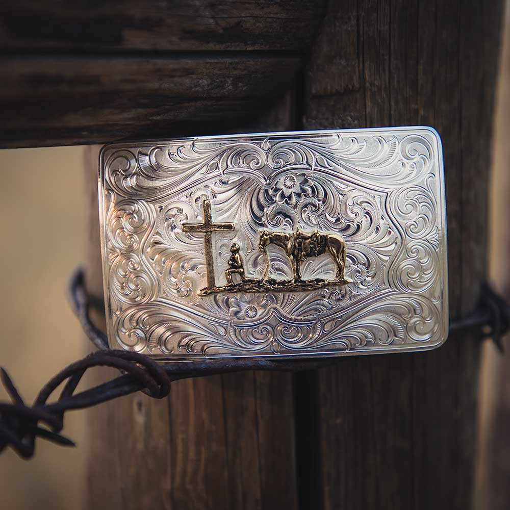 Iconic Western Christian Cowboy Silver Belt Buckle