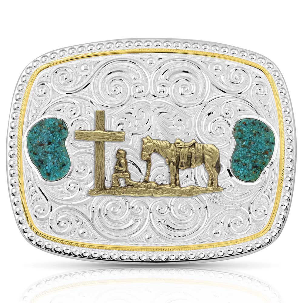 A360 Montana Silversmiths Rock 47 Fleur de Lis on Wings Turquoise Painted Buckle