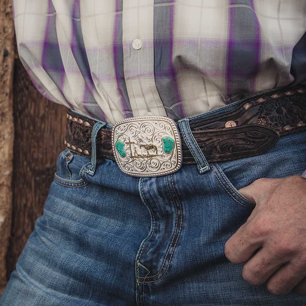 Winding Country Roads Christian Cowboy Turquoise Belt Buckle