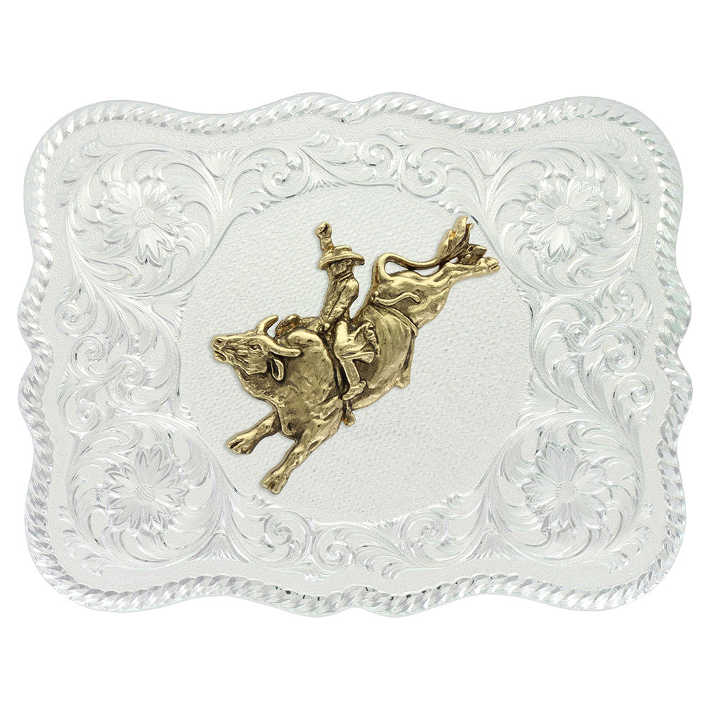 Scalloped Silver Western Belt Buckle with Bull Rider