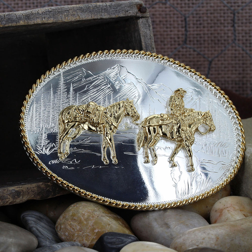 Etched Mountains Western Belt Buckle with Pack Horse and Rider
