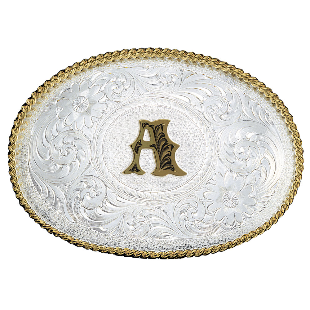 Initial Silver Engraved Gold Trim Western Belt Buckle 