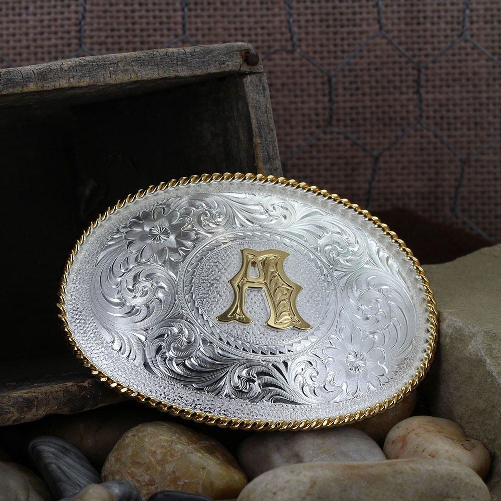 Initial Silver Engraved Gold Trim Western Belt Buckle 