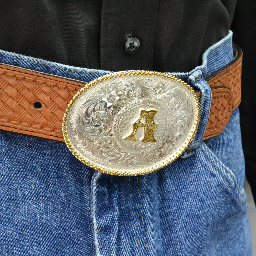 Initial Silver Engraved Gold Trim Western Belt Buckle