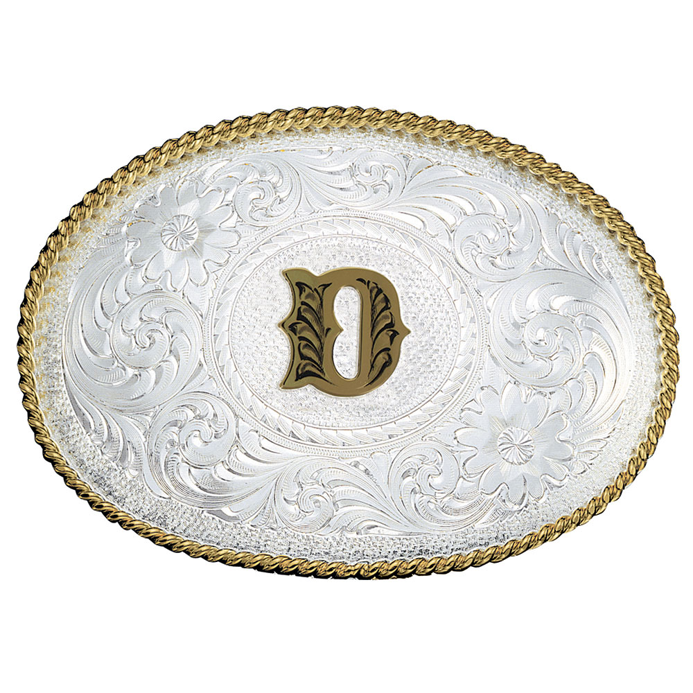 Initial D Silver Engraved Gold Trim Western Belt Buckle