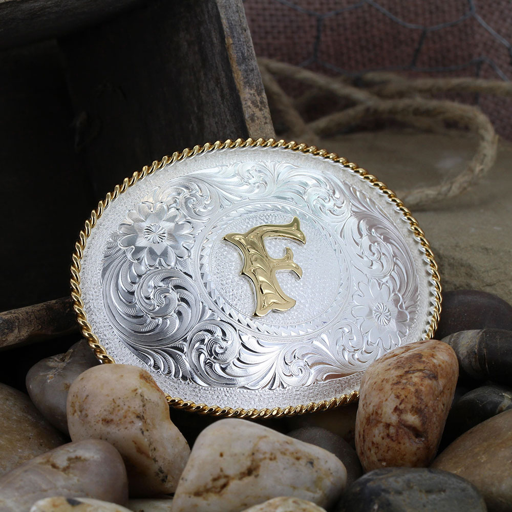 Initial F Silver Engraved Gold Trim Western Belt Buckle