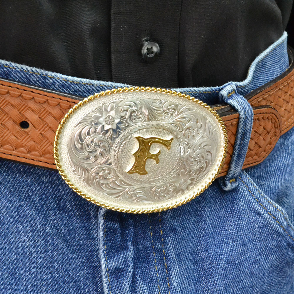 Initial F Silver Engraved Gold Trim Western Belt Buckle