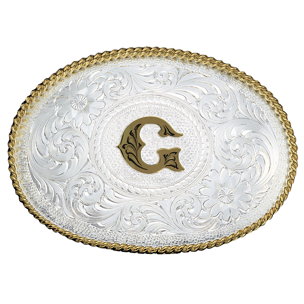 Initial G Silver Engraved Gold Trim Western Belt Buckle