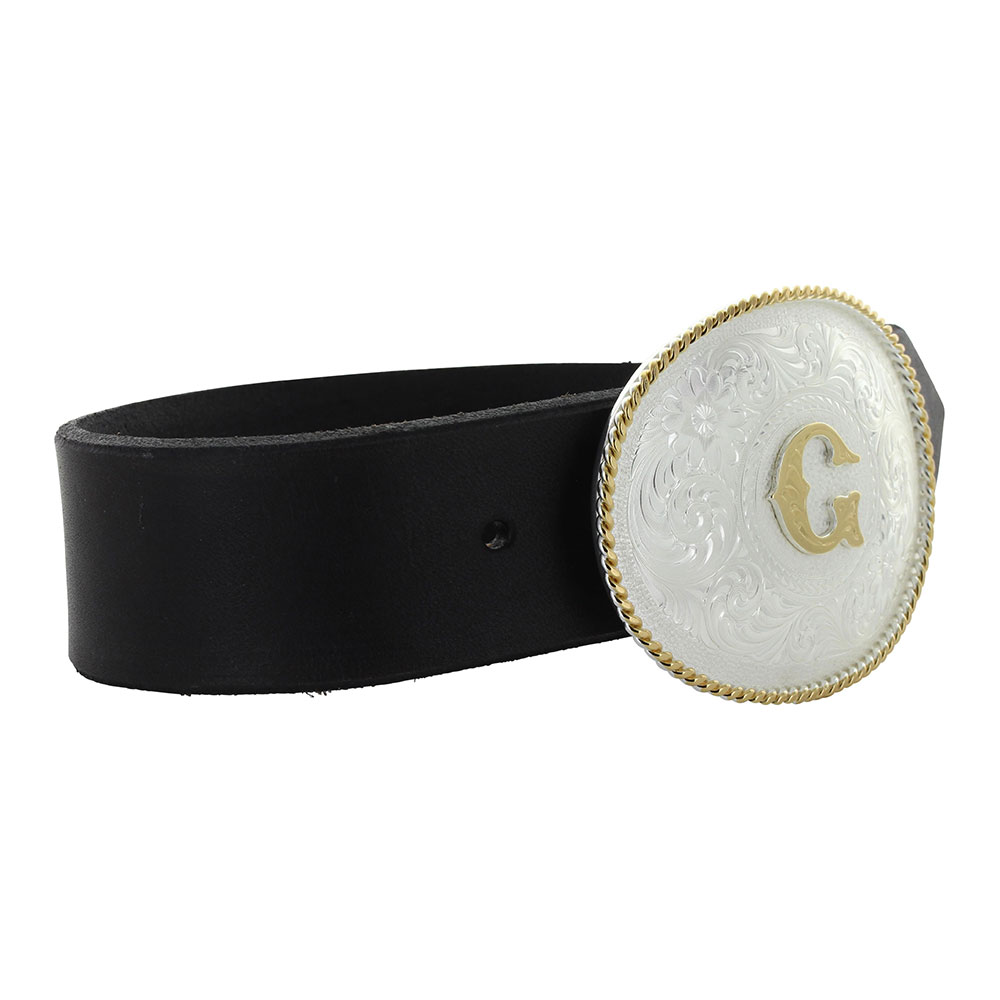 Initial G Silver Engraved Gold Trim Western Belt Buckle