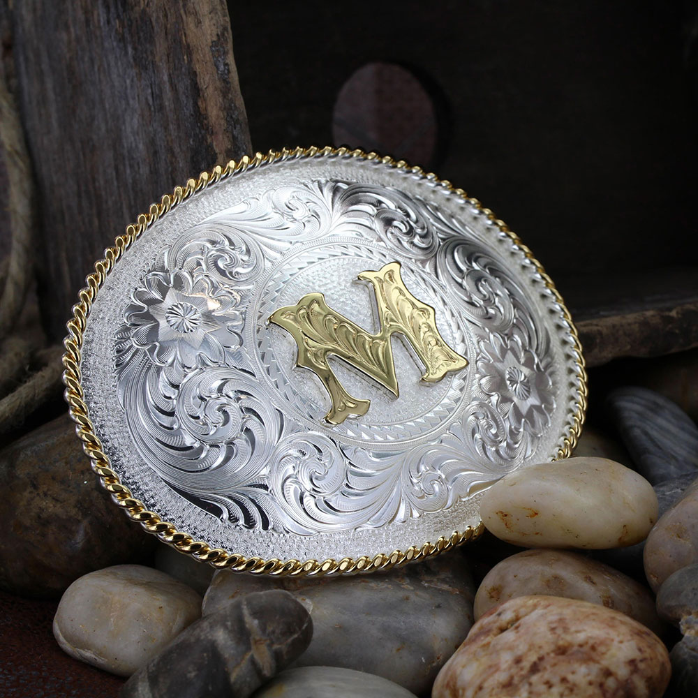 Initial M Silver Engraved Gold Trim Western Belt Buckle