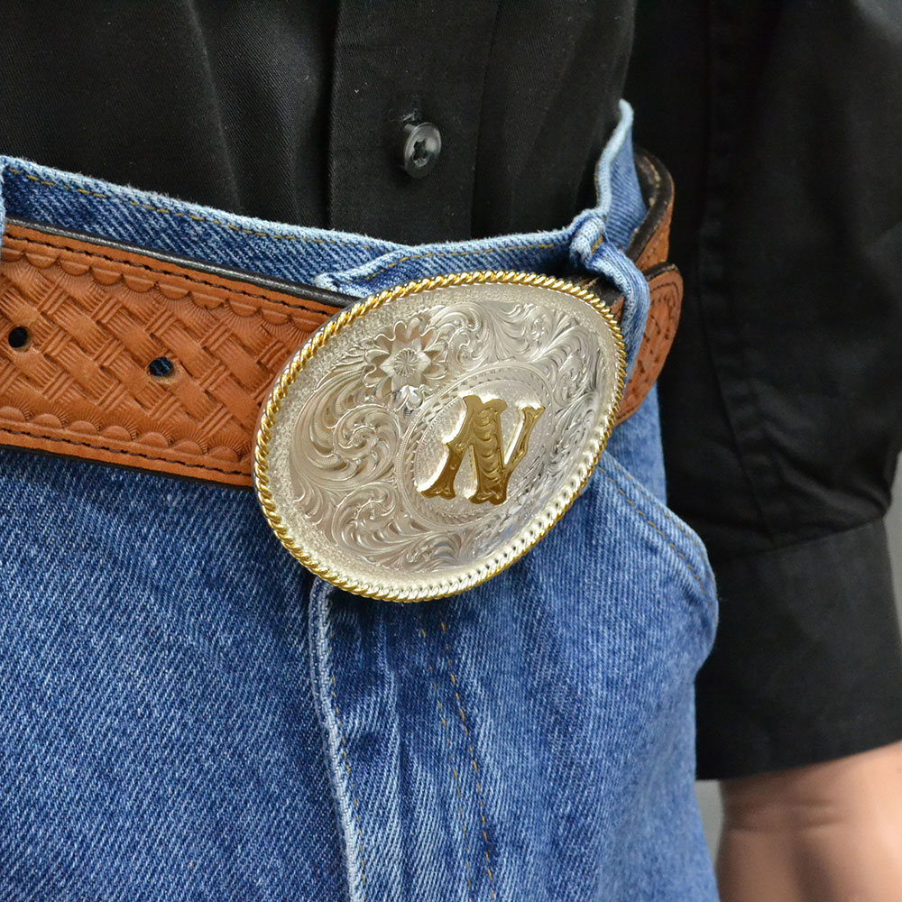 Initial N Silver Engraved Gold Trim Western Belt Buckle | Montana Silversmiths