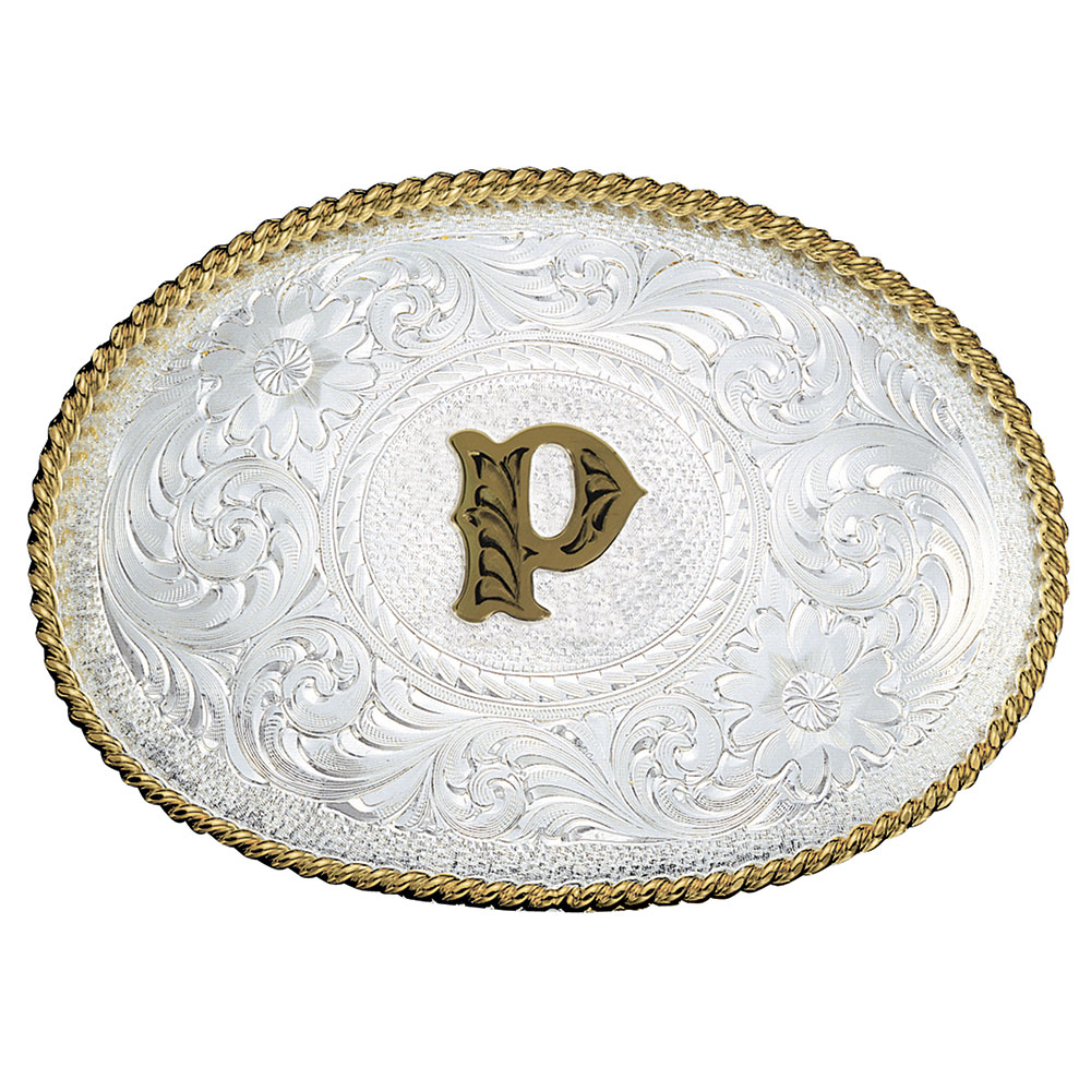 Initial P Silver Engraved Gold Trim Western Belt Buckle