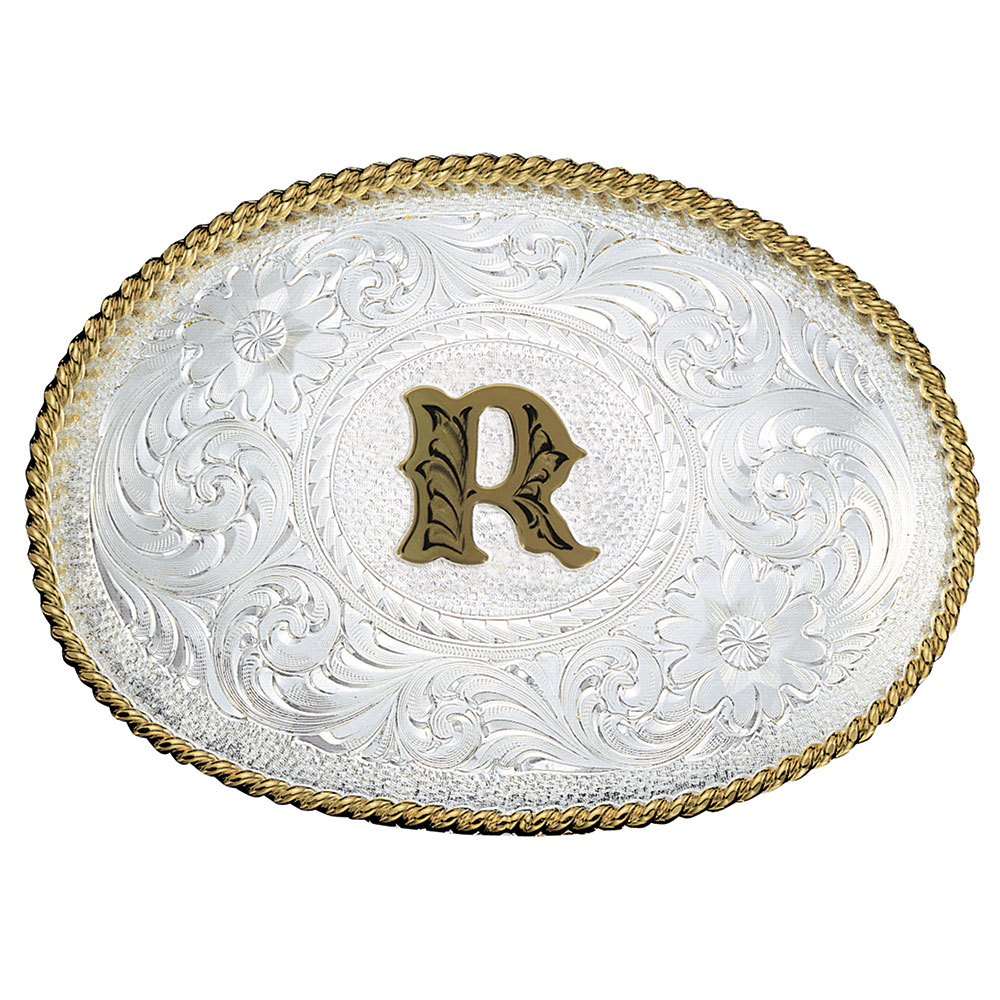 Initial R Silver Engraved Gold Trim Western Belt Buckle
