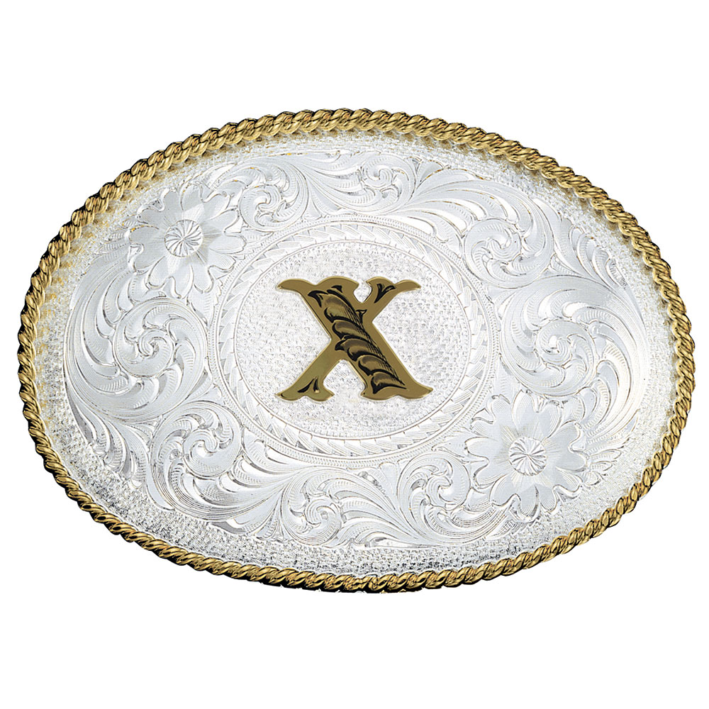 Initial X Silver Engraved Gold Trim Western Belt Buckle