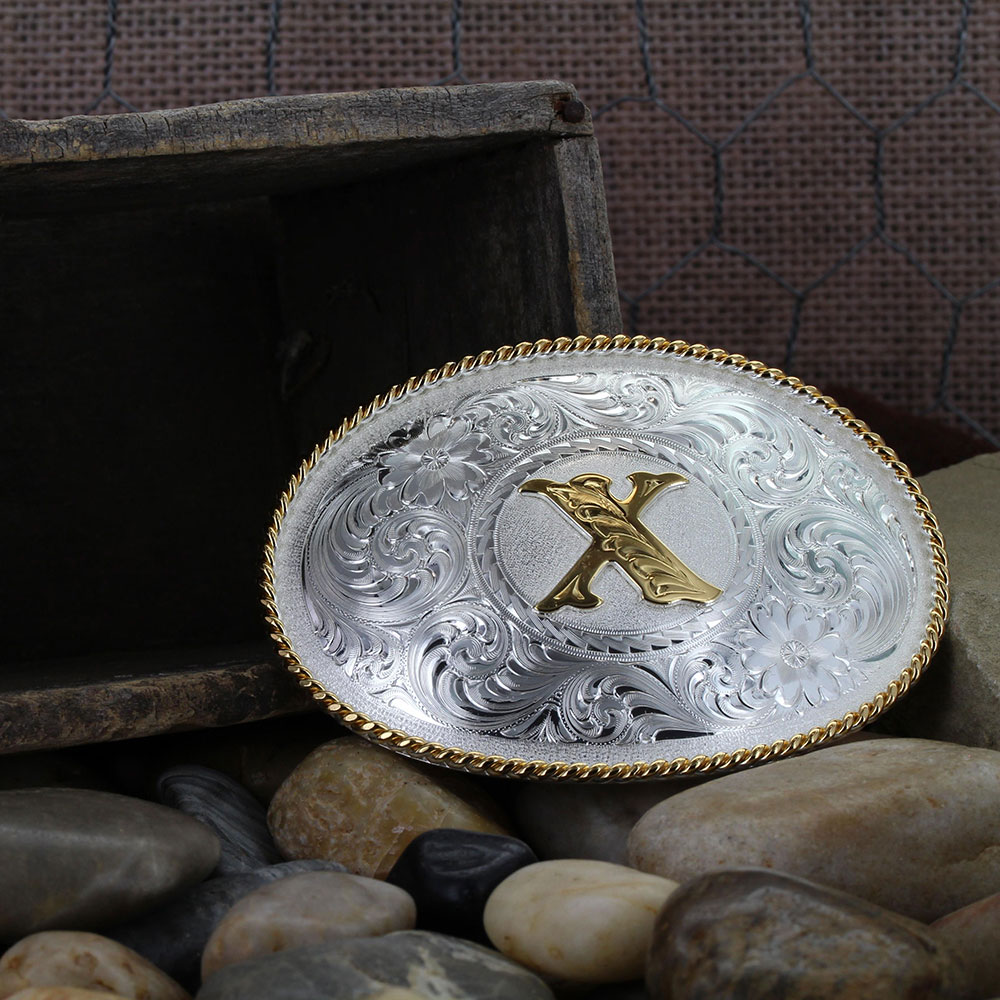 Initial X Silver Engraved Gold Trim Western Belt Buckle