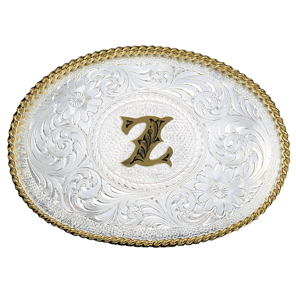 Initial Z Silver Engraved Gold Trim Western Belt Buckle
