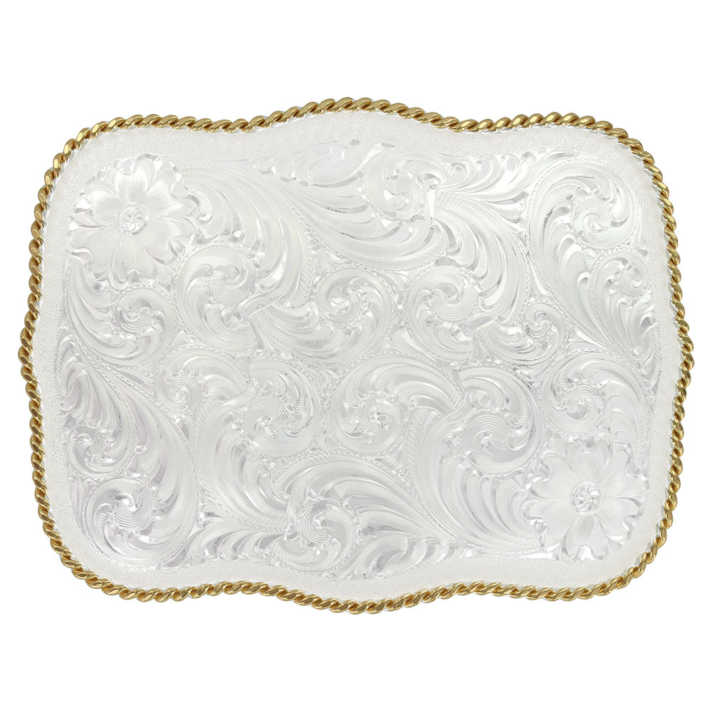 Large Scalloped Silver Engraved Western Belt Buckle