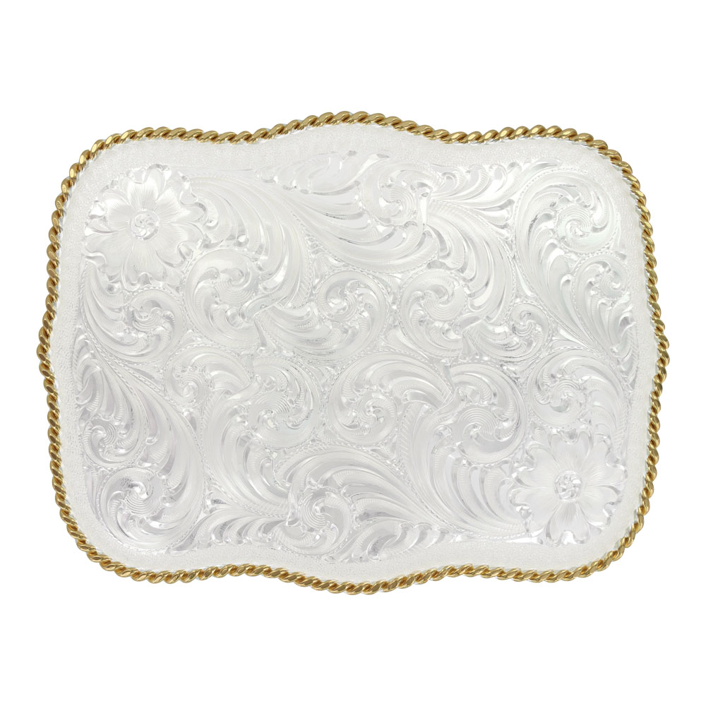 Custom Large Scalloped Silver Engraved Western Belt Buckle (4.25&quot;x3.25&quot;) | Montana Silversmiths