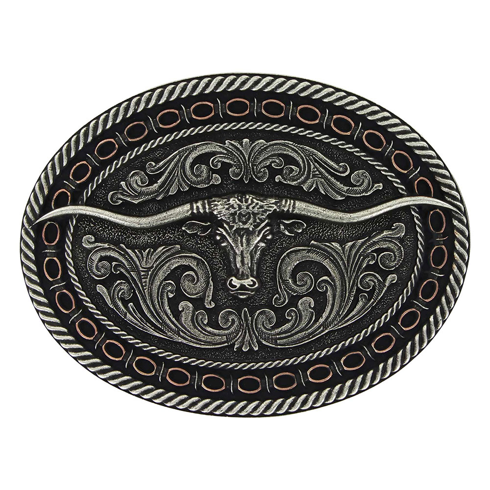 Two Tone Antiqued Round Barbed Longhorn Attitude Buckle
