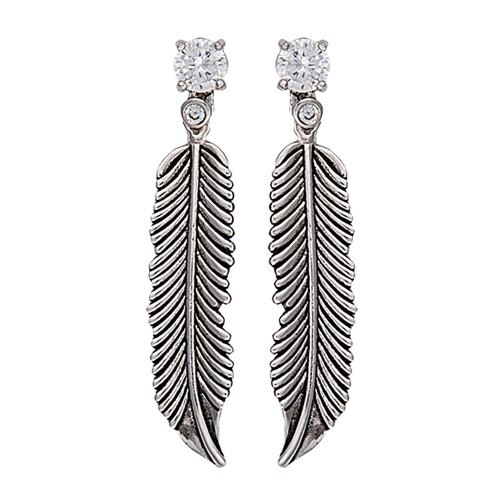 Antiqued Silver Crow Feathers on Crystal Stud Earrings