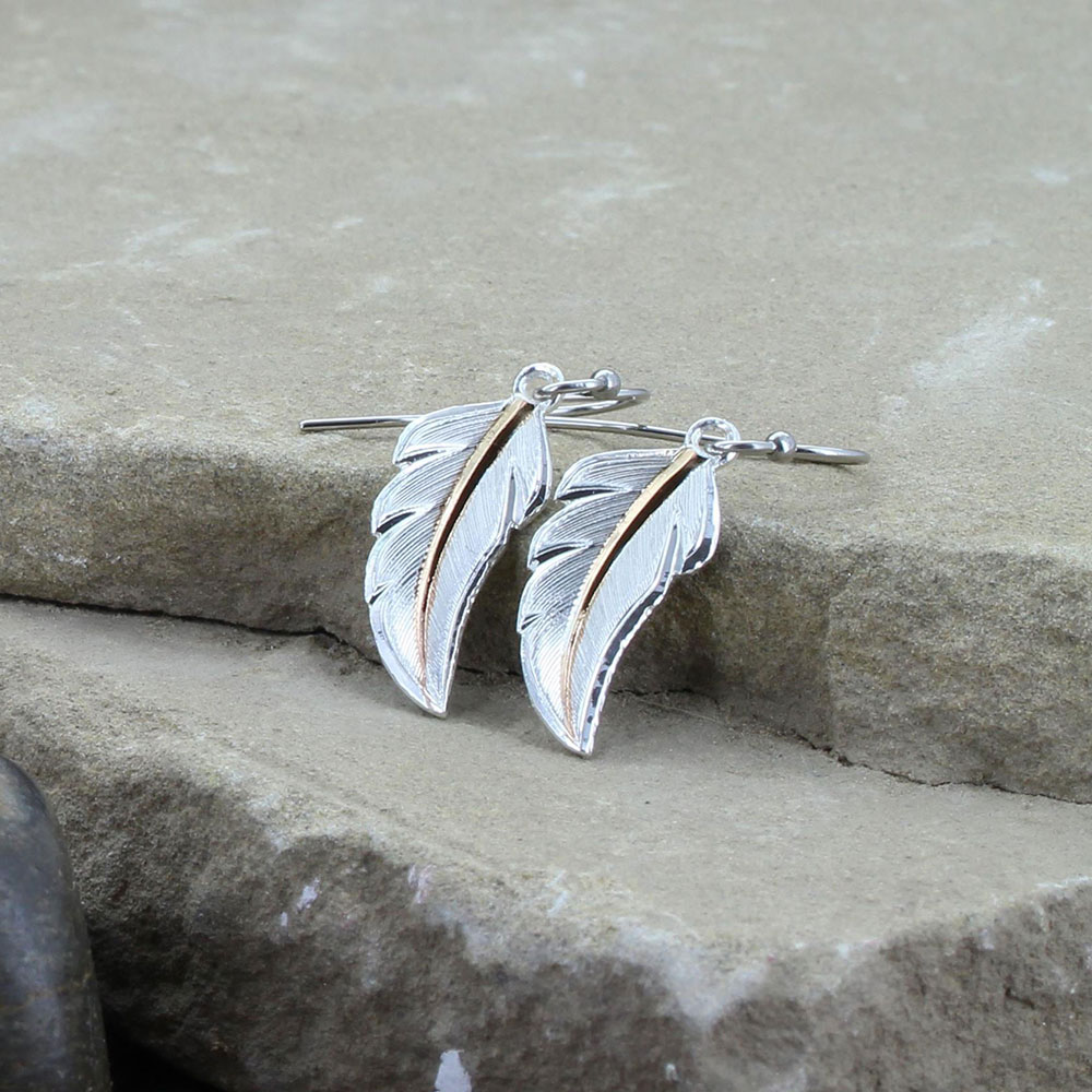 Two Tone Copper No Dream Is Too Small Feather Earrings