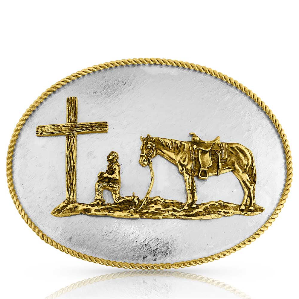 German Silver Rippling Waters Buckle with Christian Cowboy