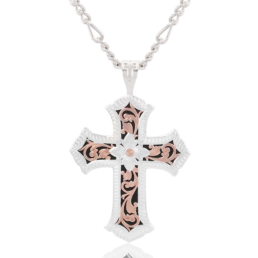 Two Tone Antiqued Floral Cross Necklace