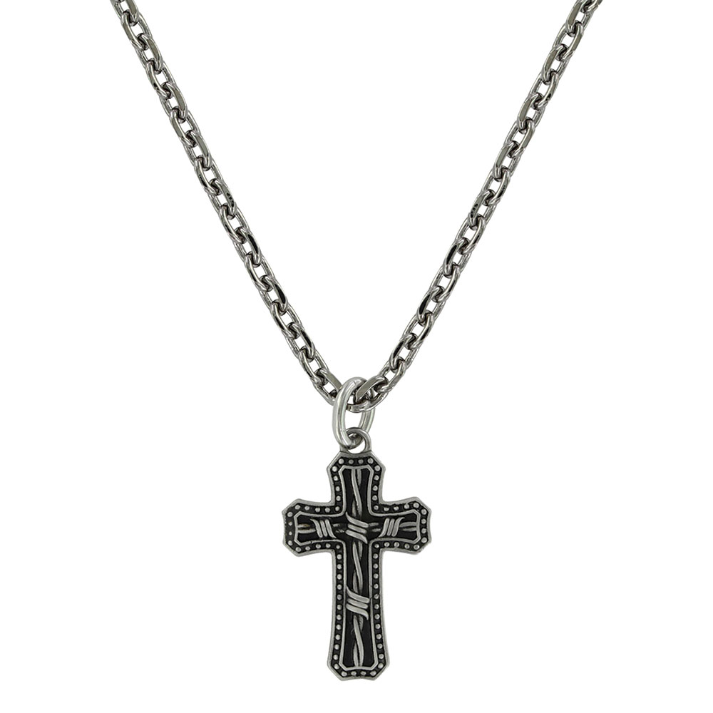 Antiqued Stainless Barbed Wire Cross Necklace